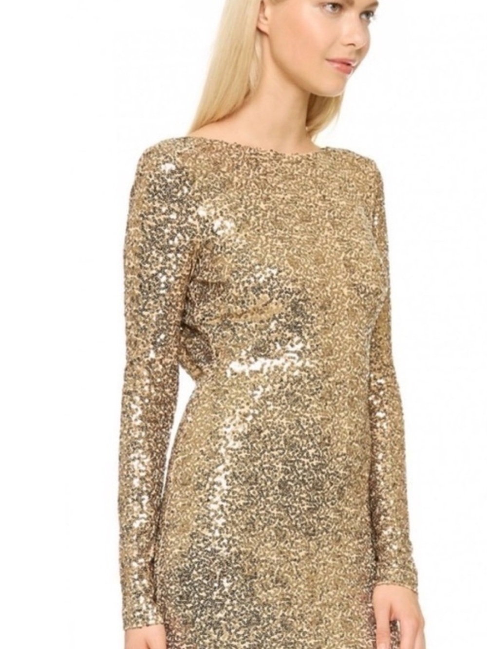Badgley Mischka Gold Sequin Long-Sleeve Midi Dress - Picture 2 of 16